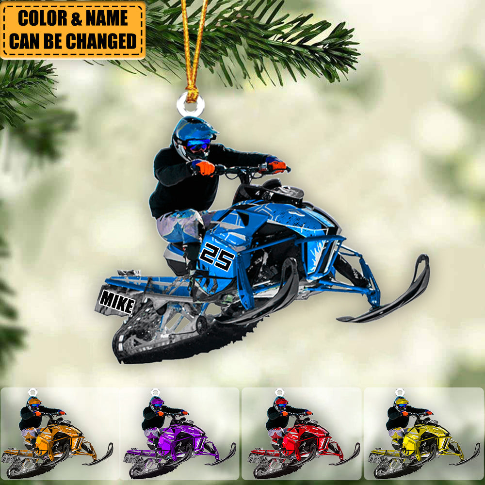 Personalized Snowmobile Rider Jumping Through Snow Christmas Ornament