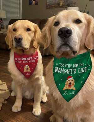 Too Cute For The Naughty List, Personalized Bandana, Custom Dog Lovers Gifts