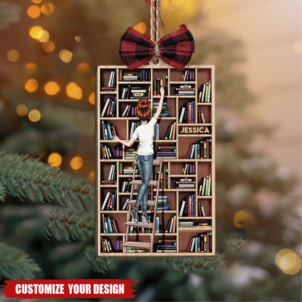 Bookcase Ornament - Personalized Wooden Ornament With Bow