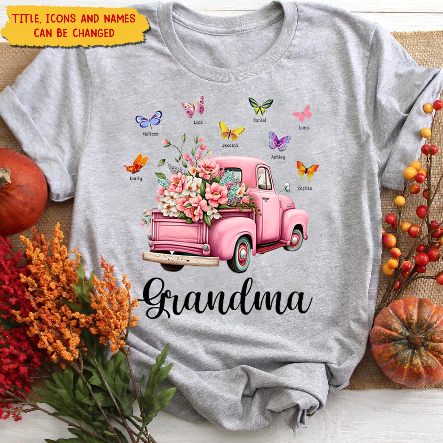 Gift For Grandma Pink Floral Truck Butterflies T-shirt