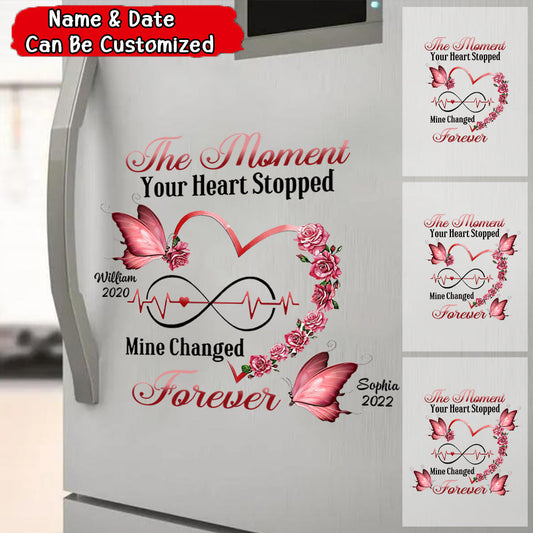 Memorial Butterfly Heart Infinity, The Moment Your Heart Stopped, Mine Changed Forever Personalized Sticker