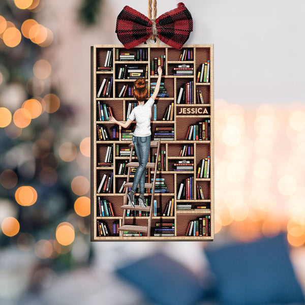 Bookcase Ornament - Personalized Wooden Ornament With Bow