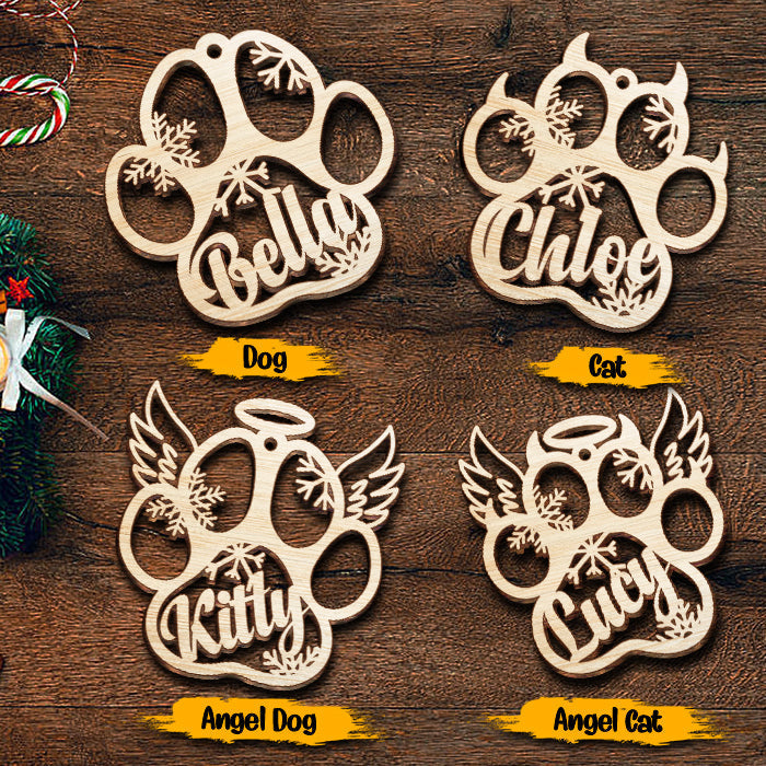 Happy Christmas With Fur Babies - Personalized Paw Ornament (Dog, Cat & Angel Wings) - Customized Decoration Gift.