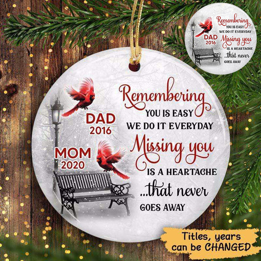 Cardinals Winter Memorial Personalized Circle Ornament (Porcelain)