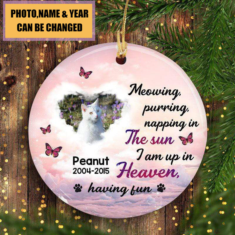 Cat Memorial Up In Heaven Personalized Cat Photo Decorative Memorial Ornament  (Porcelain)